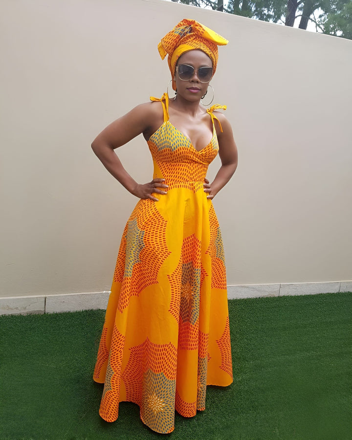 Spaghetti Strap Orange Ankara Print Pocket Maxi Dress