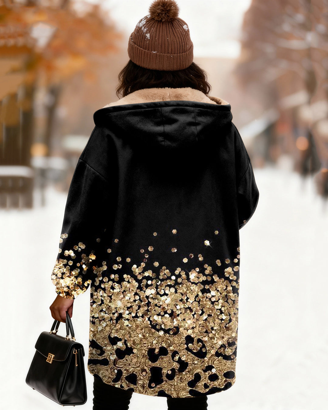 Leopard Print Gold Sequins Long Sleeve Zip-Up Fleece Long Hoodies