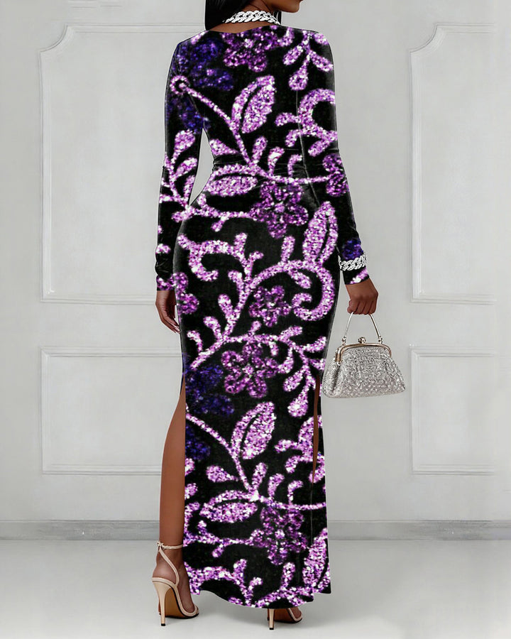 V-neck Women's Party Wear Purple Flowers Long Sleeve Bodycon Dress