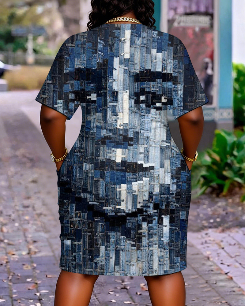 Denim Patch Face Art Print Pocket Casual Dress