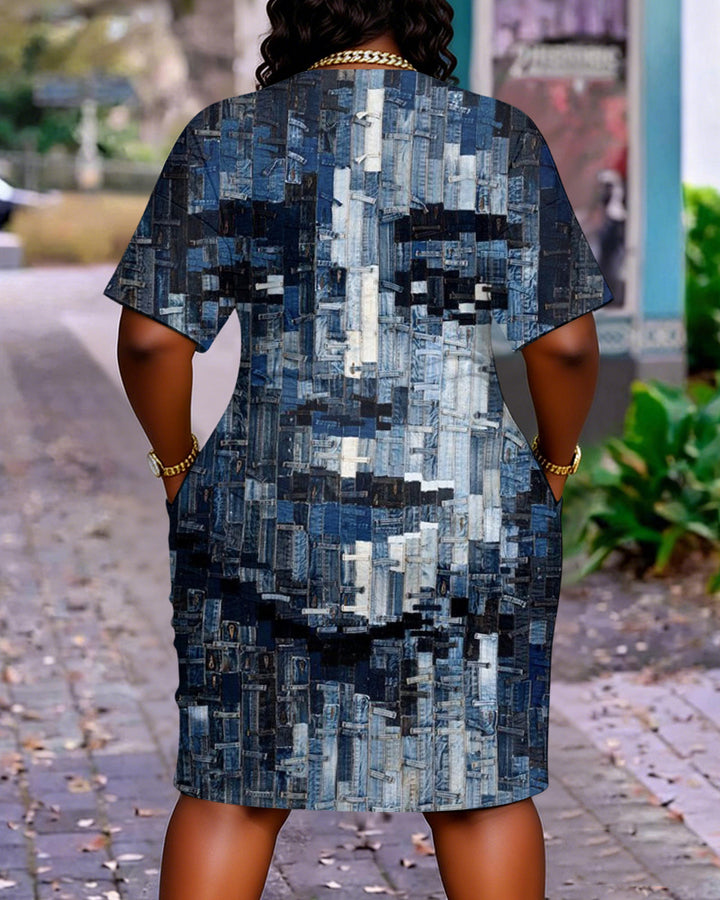 Denim Patch Face Art Print Pocket Casual Dress