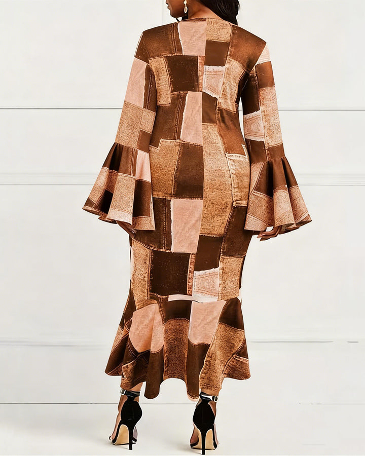 Crew Neck Geometric Color Block Contrast Flared Sleeve Slim Bodycon Dress