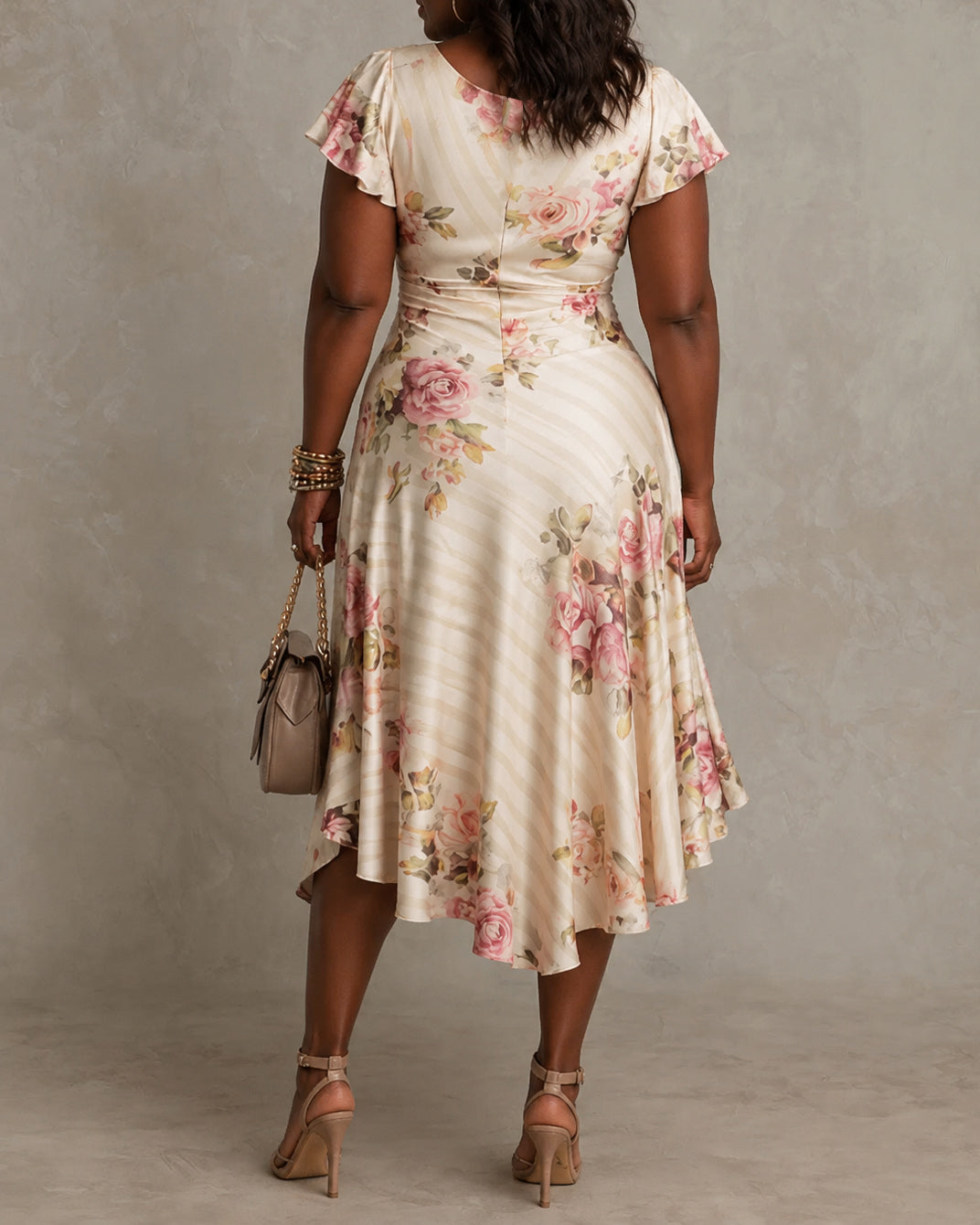 Women's Floral Print Overlap V-Neck Ruffle Short Sleeve Midi Dress