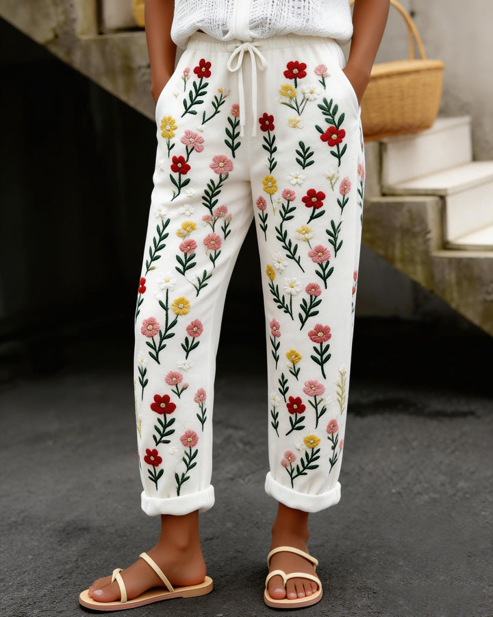 Simple Floral Print Design Cotton and Linen Casual Pants