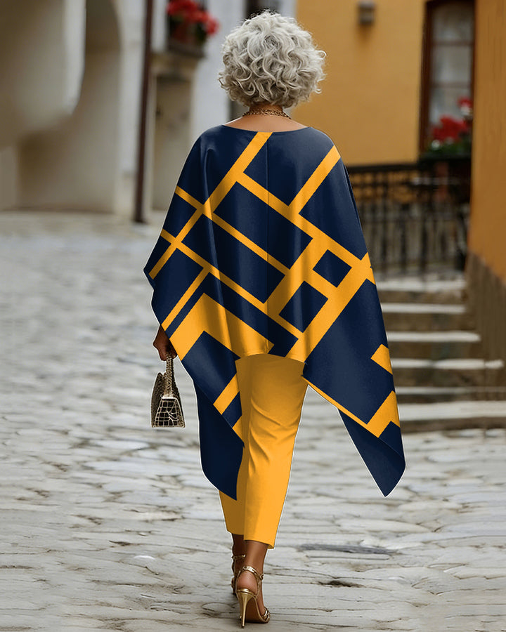Irregular Geometric Stripes Print Crew Neck Loose Long Shirt and Drawstring Pants