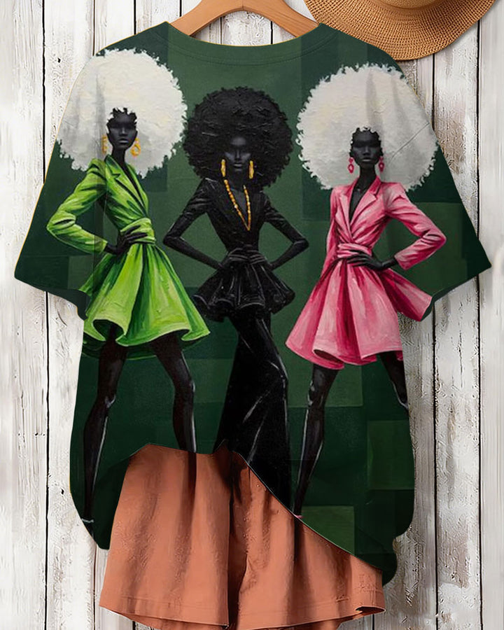 Black Woman Art Print Green Tone Crew Neck Short Sleeve T-Shirt