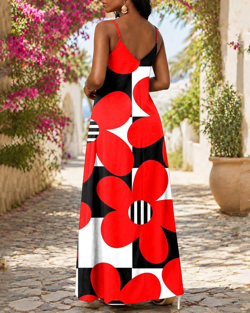 Sling Red Flower Geometric Pattern Print Pocket Maxi Dress