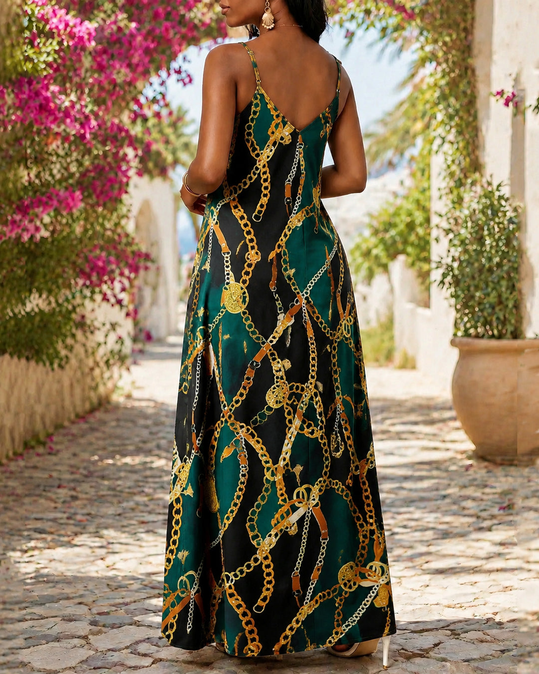Sling Gold Chain Color-blocked Print Pocket Maxi Dress