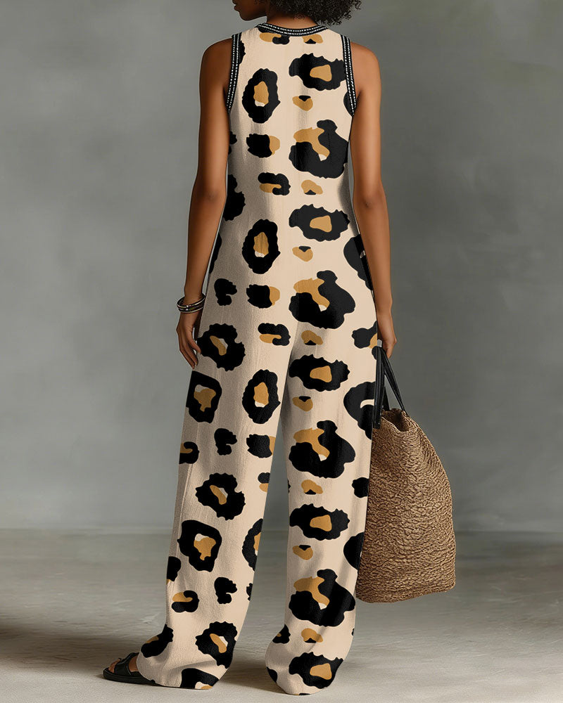 Classic Leopard Print Linen Blend Sleeveless Jumpsuit With Zipper And Stand Collar