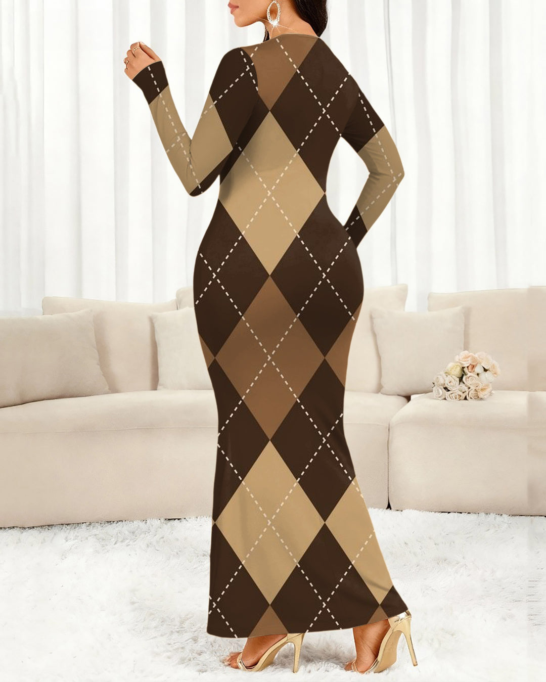 Contrasting Diamonds Round Neck Long Sleeve Bodycon Dress