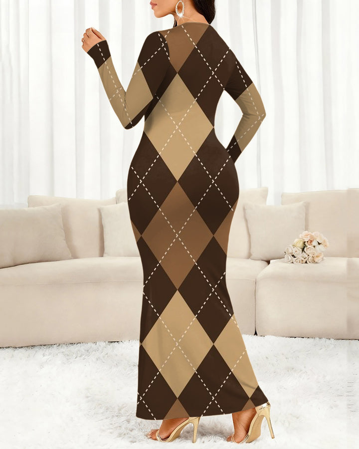 Contrasting Diamonds Round Neck Long Sleeve Bodycon Dress
