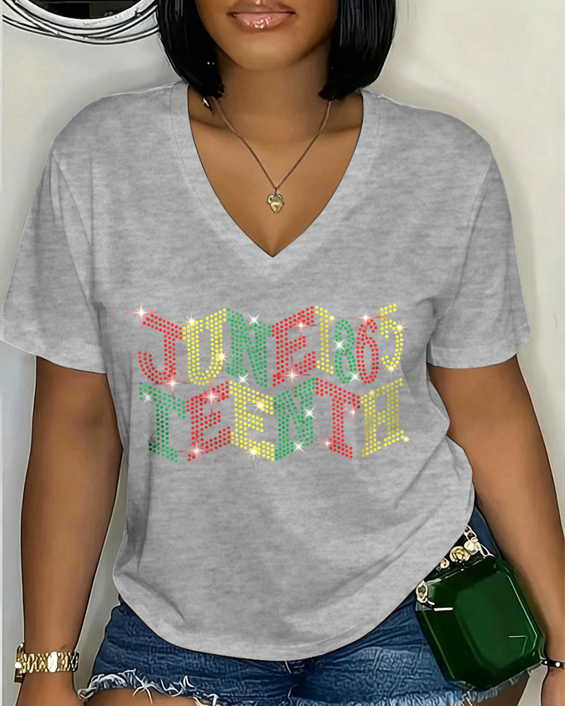 100% Cotton Juneteenth Colorful Polka Dots V Neck Short Sleeve Tshirt