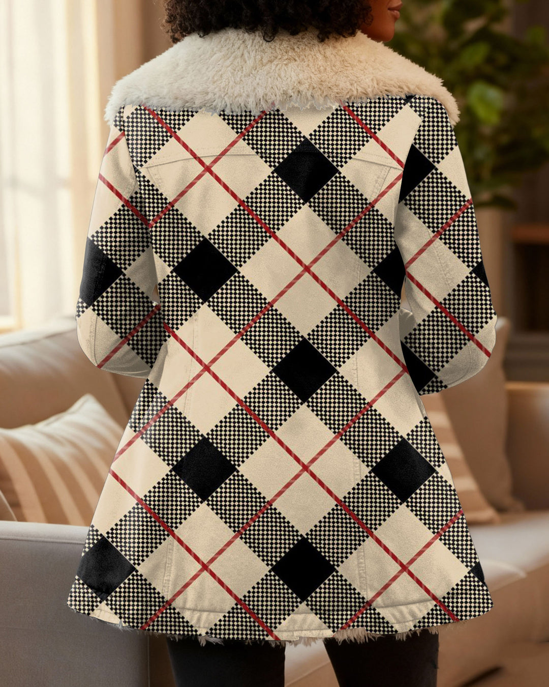 Khaki Plaid Stripes Plush Lapel Winter Mid-Length Coat