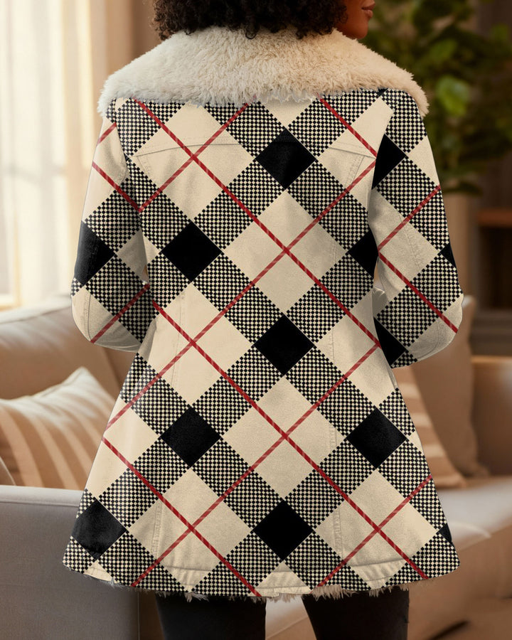 Khaki Plaid Stripes Plush Lapel Winter Mid-Length Coat