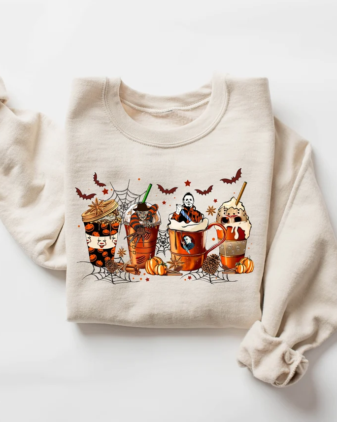 Halloween Skeleton Coffee Cups Cotton Long Sleeve Sweatshirt