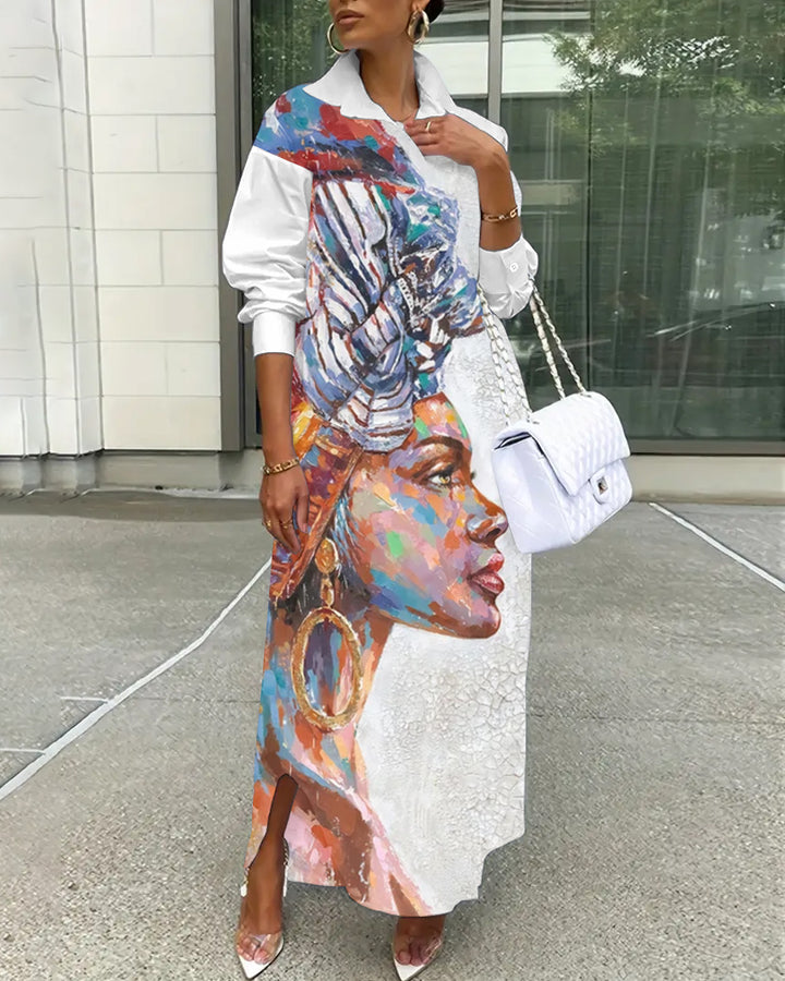Vintage African Woman Oil Painting Loose Shirt Button Dress