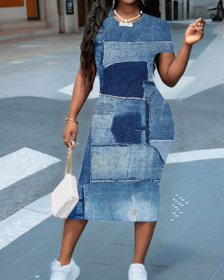 Fun Denim Patch Print Short Sleeve Bodycon Dress
