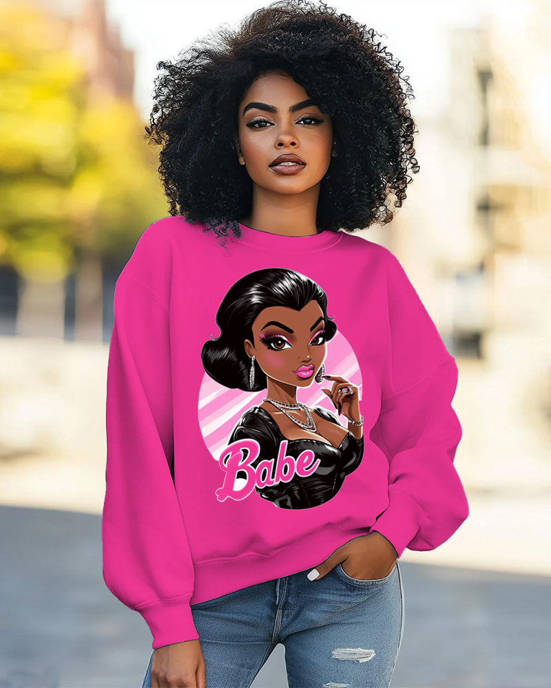 Fashion Doll Print Round Neck Long Sleeve Casual Sweatshirt