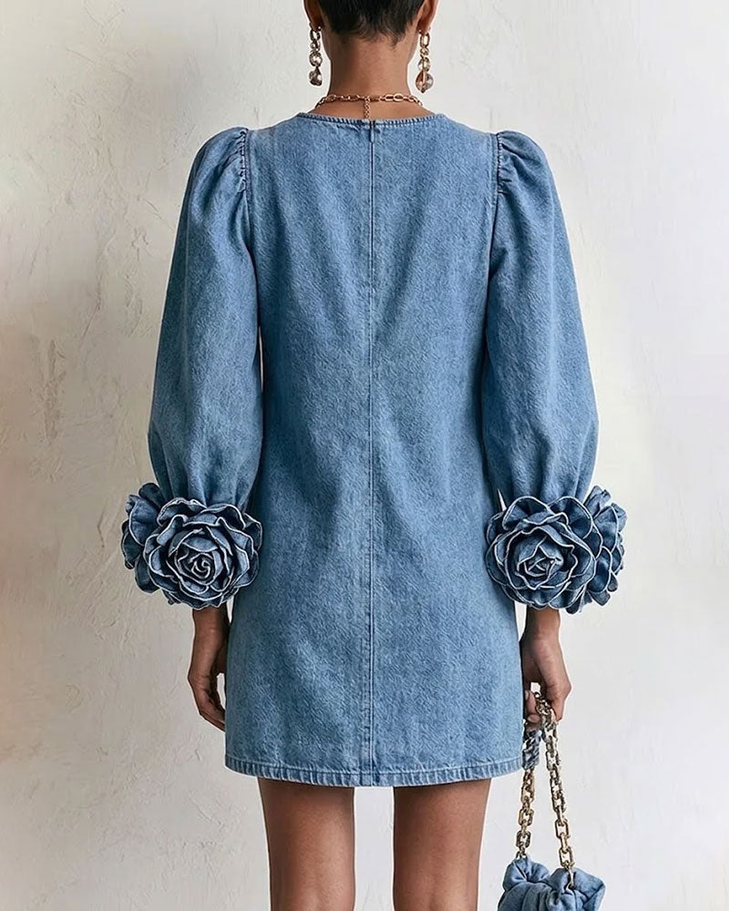 Stylish Denim Dress With 3d Floral Cuffs