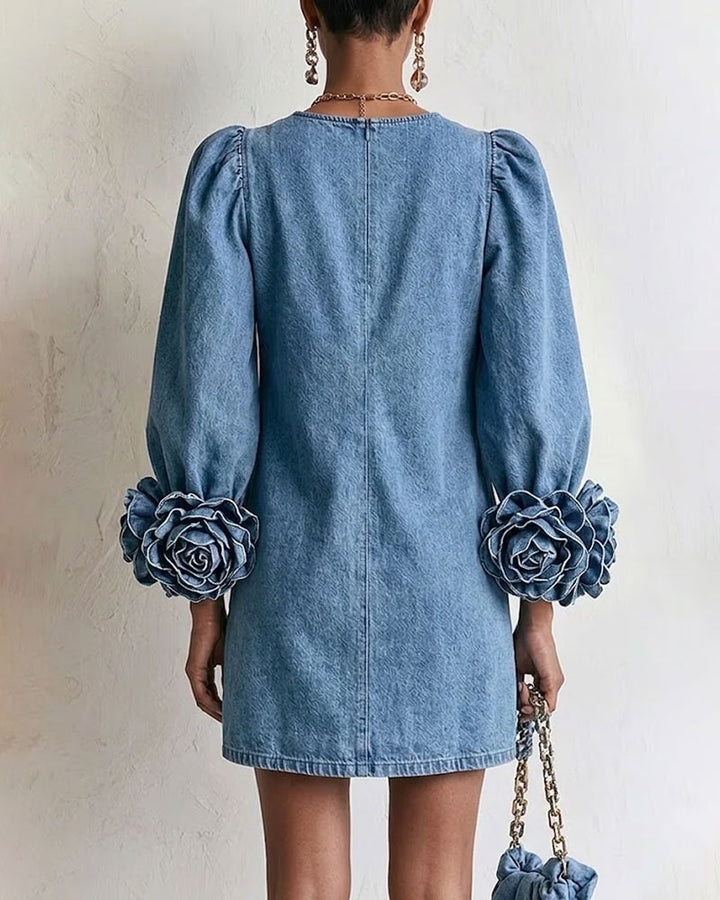 Stylish Denim Dress With 3d Floral Cuffs