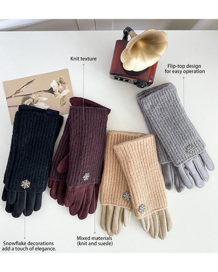 Winter Knit Gloves with Small Snowflake Pattern Thickened Yarn Knit Gloves Touchscreen Compatible Warm and Cold-Resistant