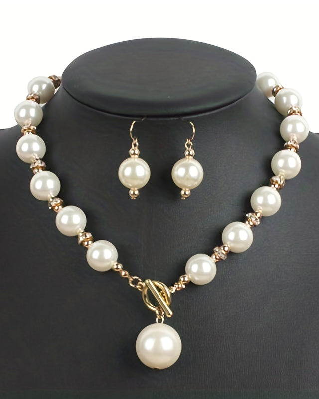Multi-Layered Stackable Pearl Necklace + Earrings Jewelry Set