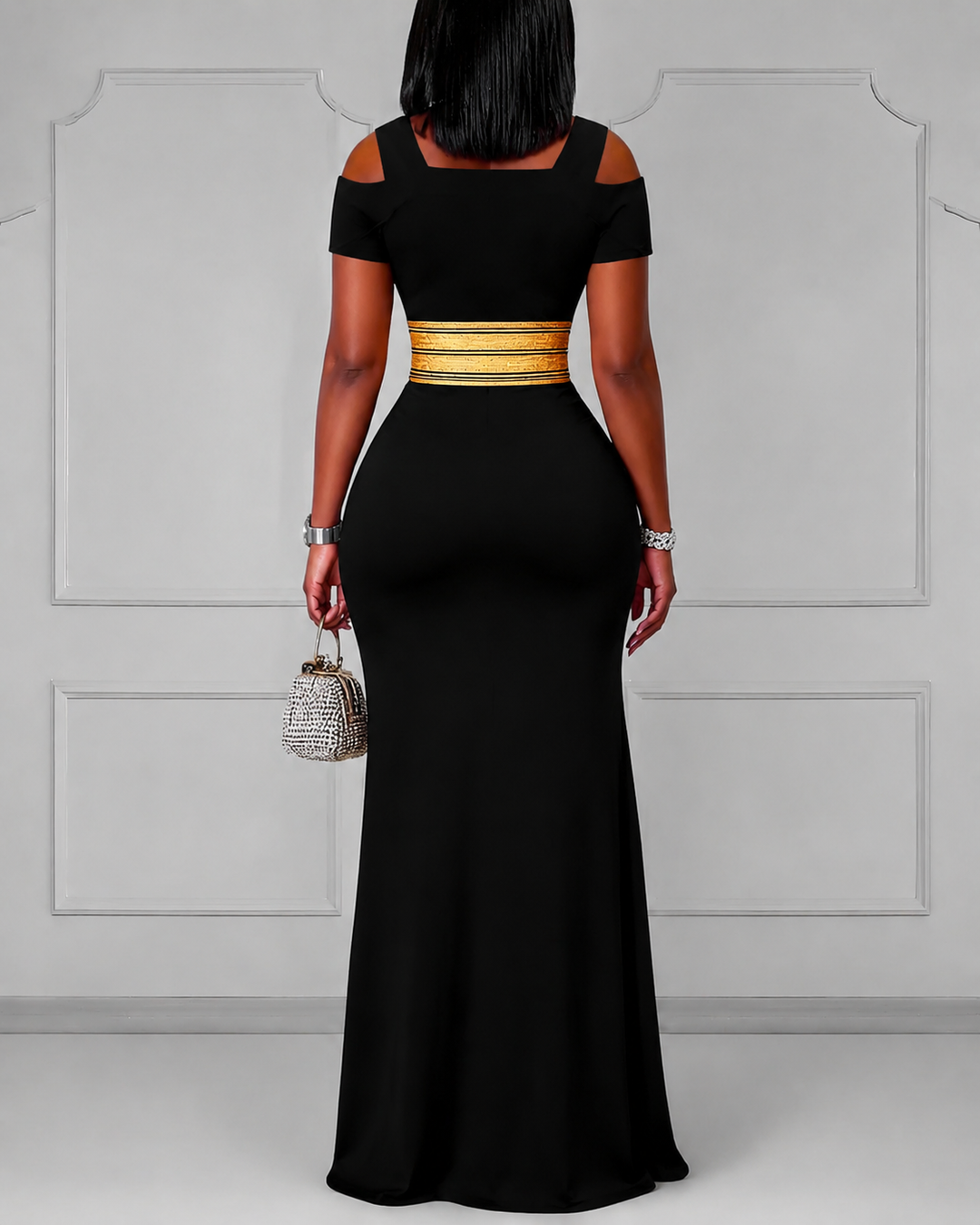 Cutout Off-shoulder V-neck Black Culture Egyptian Anka Symbol Short Sleeve Bodycon Party Dress