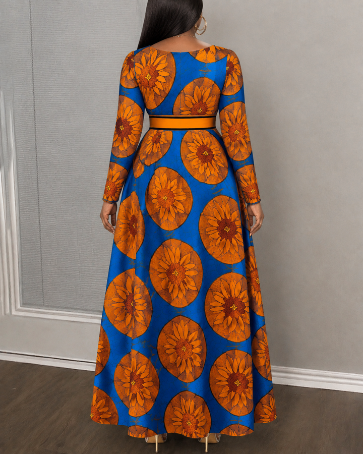 Women's African Ankara Floral Print Long Sleeve Pocket Maxi Dress