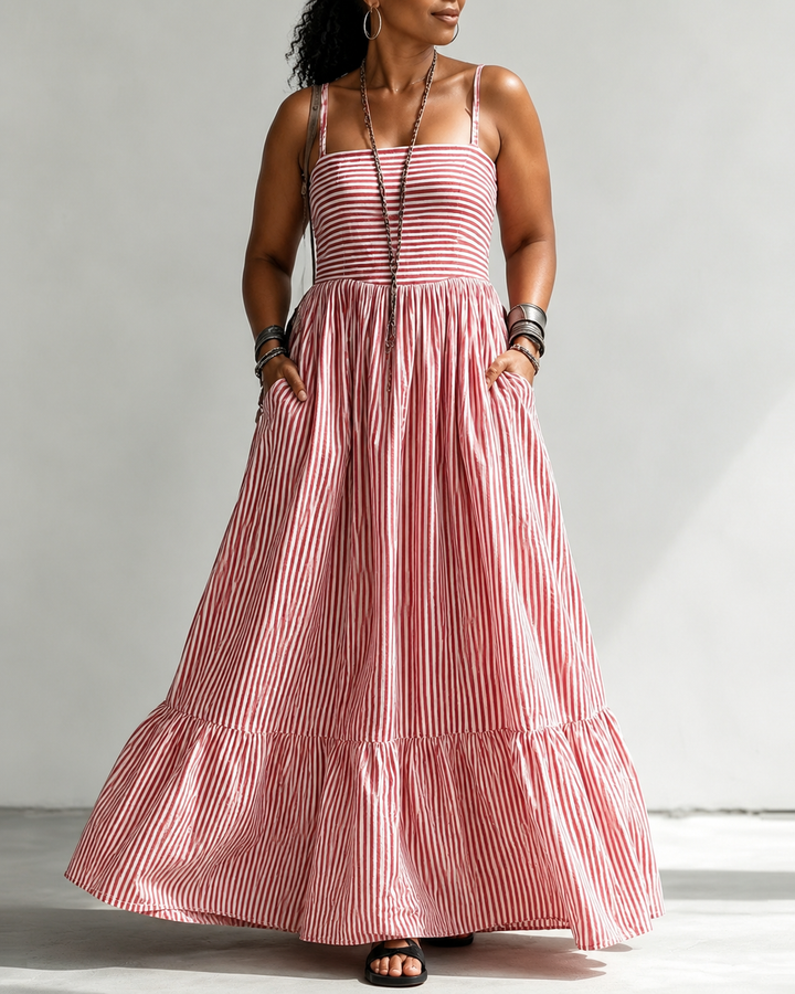Casual Striped Print High-waisted Pocket Maxi Dress