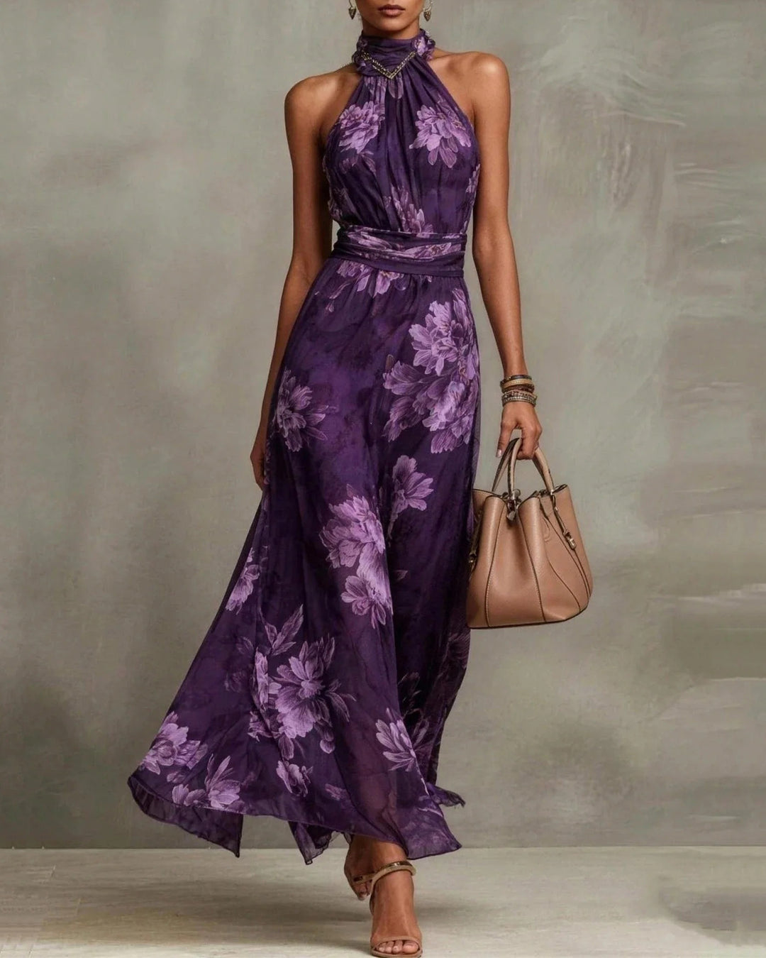 Chiffon Flowers Sleeveless High Waist Floral Print Maxi Dress