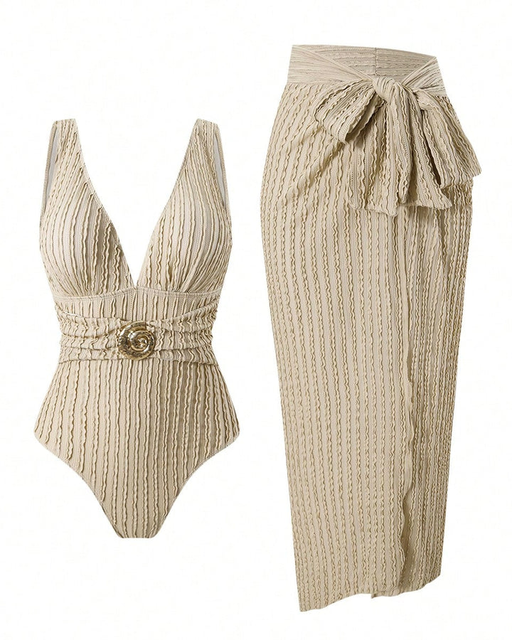 Deep V-neck Retro Swimsuit and Beach Dress Set with Seashell Buckle