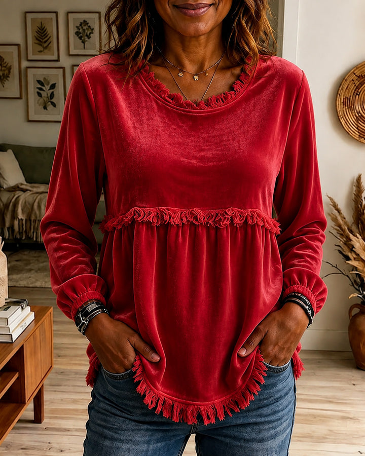 Round Neck Long-sleeved Velvet Tassel Trim Top