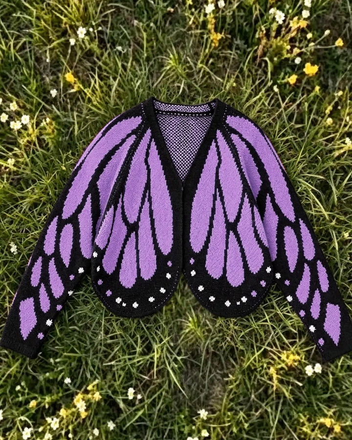 Women's Trendy Butterfly Wings Knit Cardigan, Front Open V Neck, Bat Sleeve Short Design