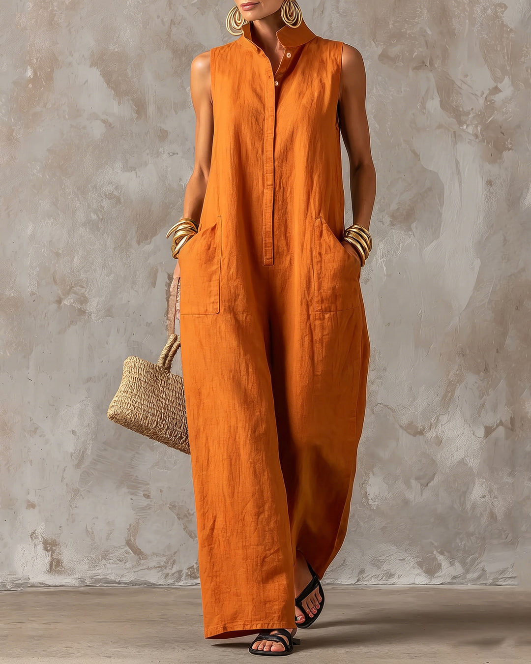 Stand-up Collar Sleeveless Linen Button-down Loose Wide-leg Jumpsuit