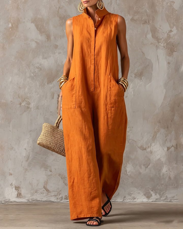 Stand-up Collar Sleeveless Linen Button-down Loose Wide-leg Jumpsuit