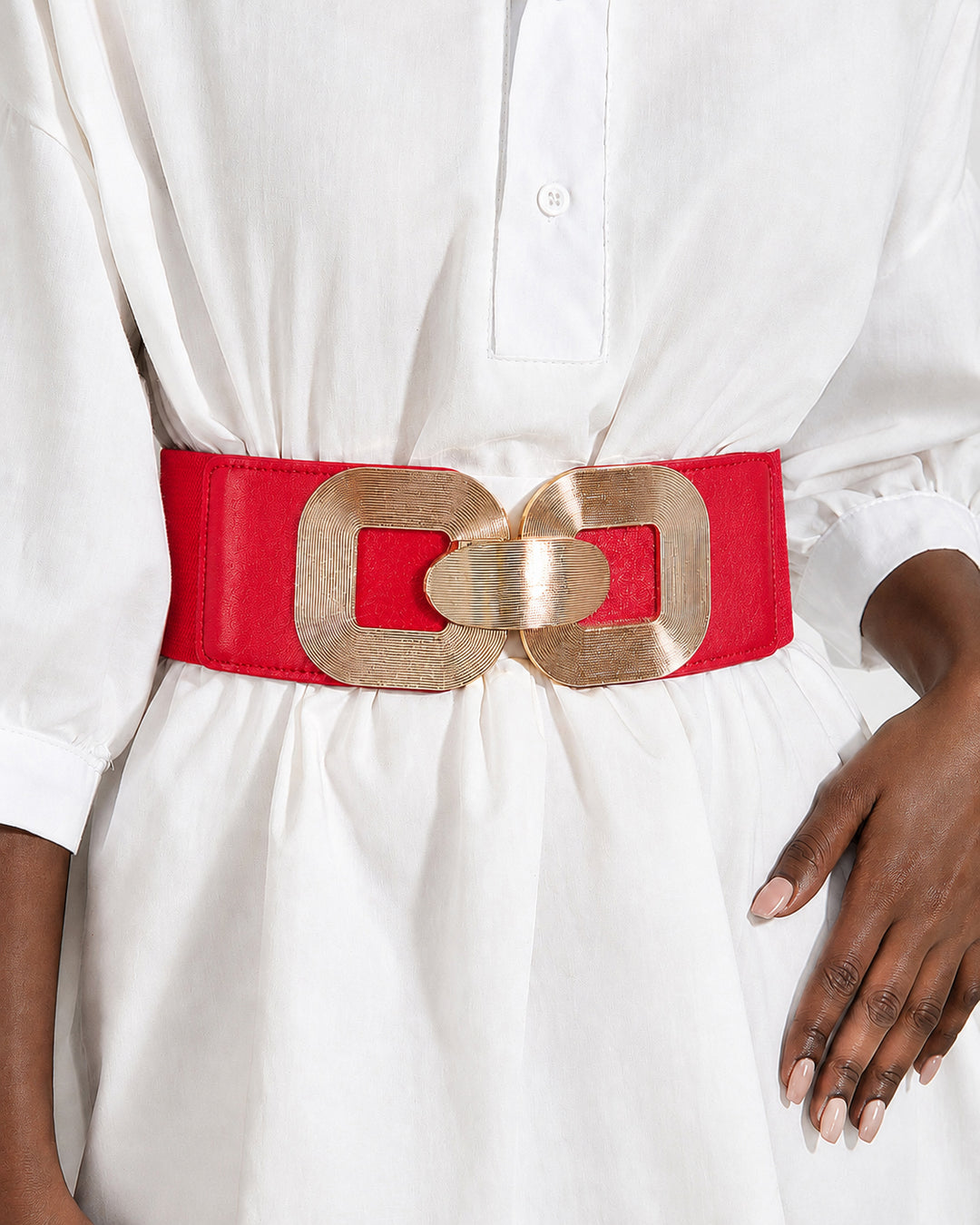 Women Wide Elastic Waist Belt Textured Gold Interlocking