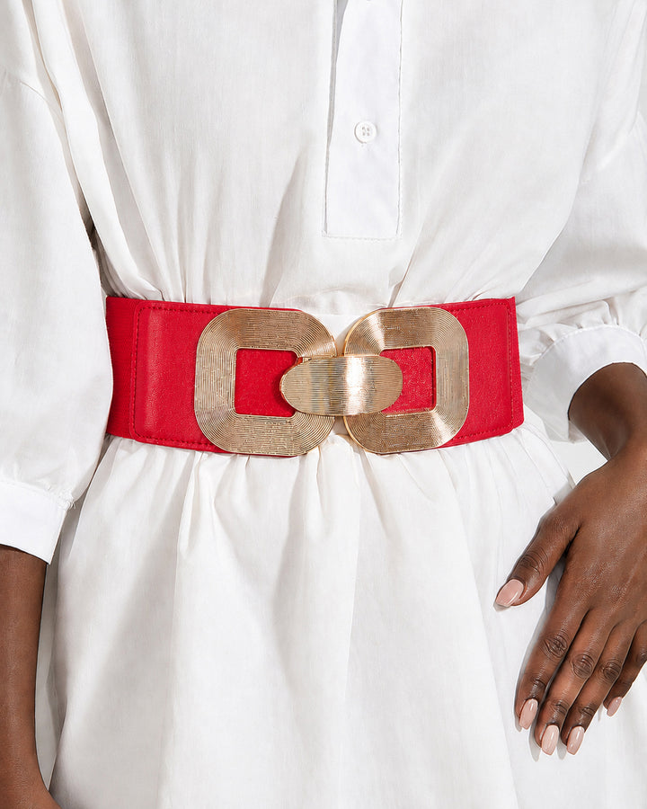 Women Wide Elastic Waist Belt Textured Gold Interlocking