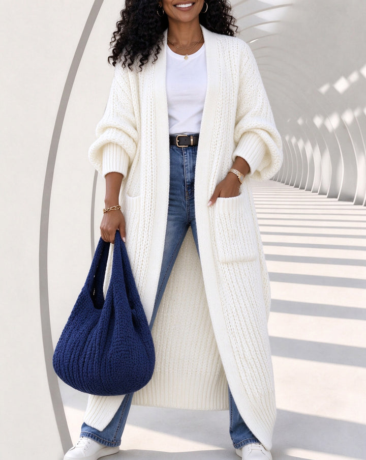 Women's Chunky Knit Open Front Oversized Lantern Sleeve Long Cardigan