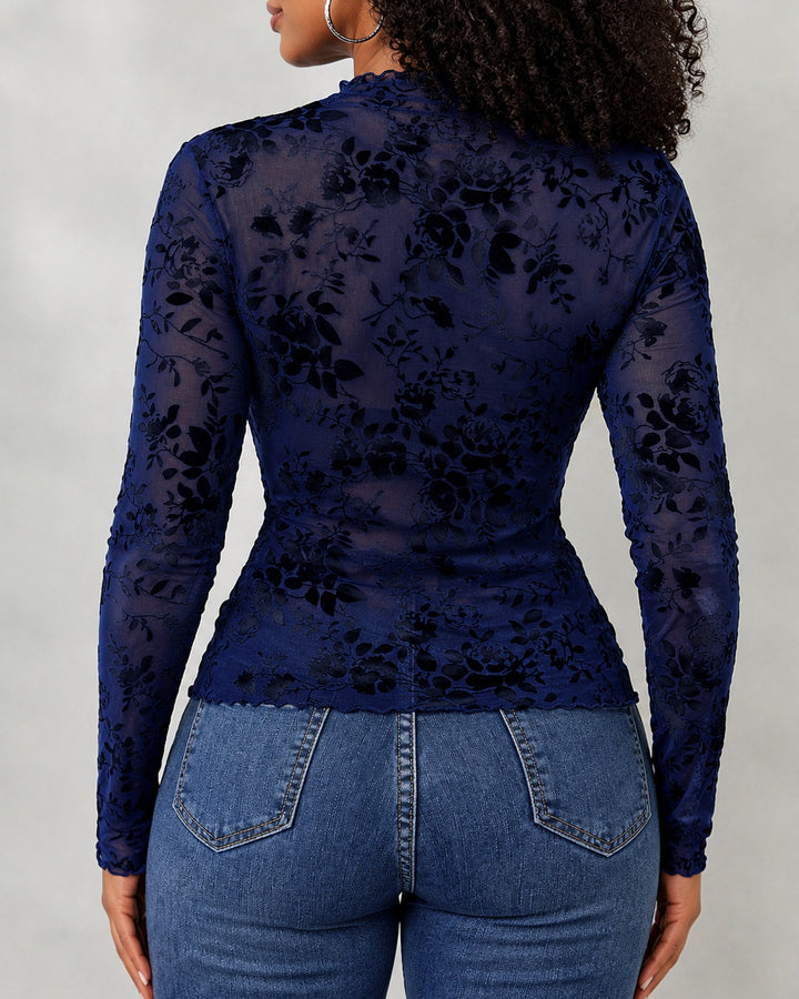 Women Floral Flocked Mesh Sheer Ruffle Top