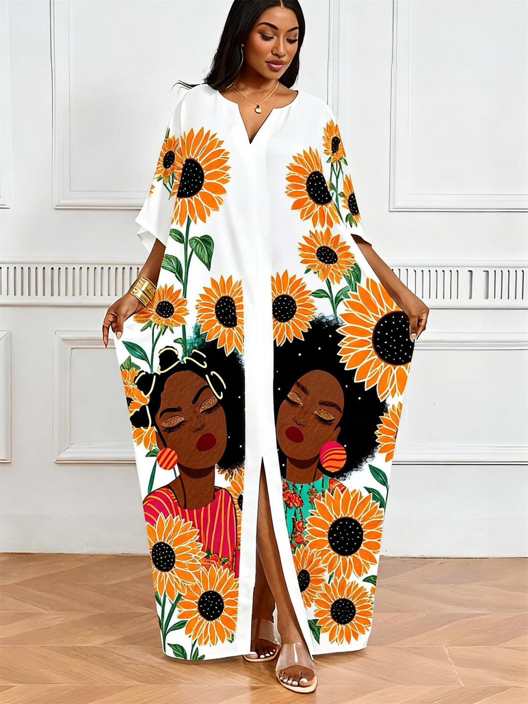 Sunflower Black Girl Print V-Neck Elegant Dress