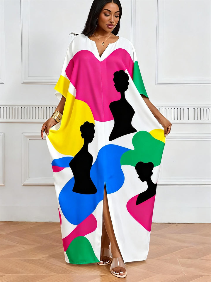 Colorful Color Block Black Silhouette Print V-Neck Elegant Dress