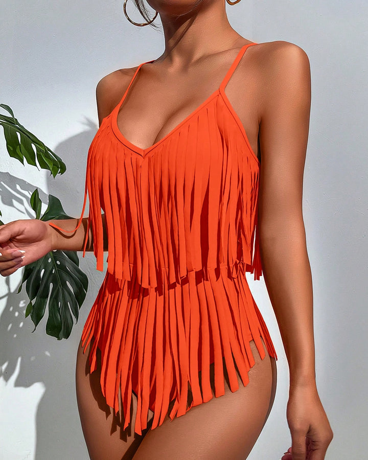 V-neck Backless Tassel One-piece Swimsuit