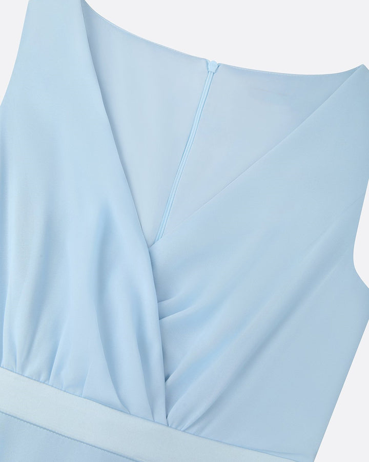 Light Blue Floral Chiffon V Neck Sleeveless A-Line Maxi Dress