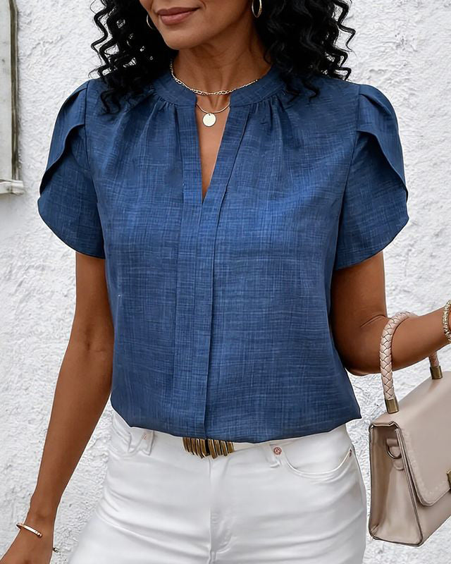 Elegant Petal Sleeve Notched V-Neck Shirt