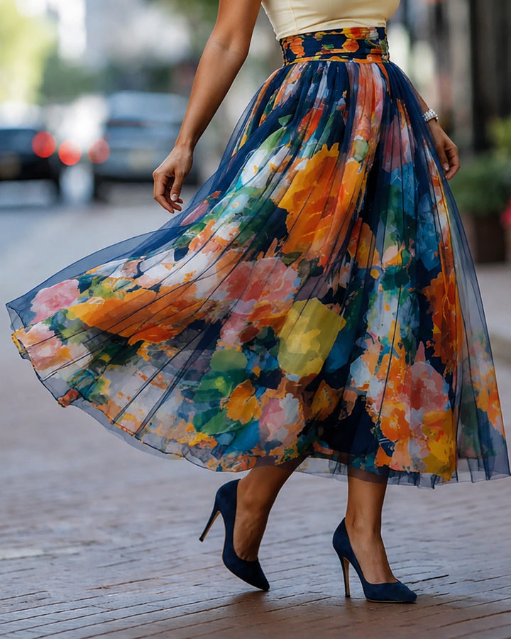 Watercolor Floral Print Tulle High Waist A‑Line Midi Skirt With Pockets