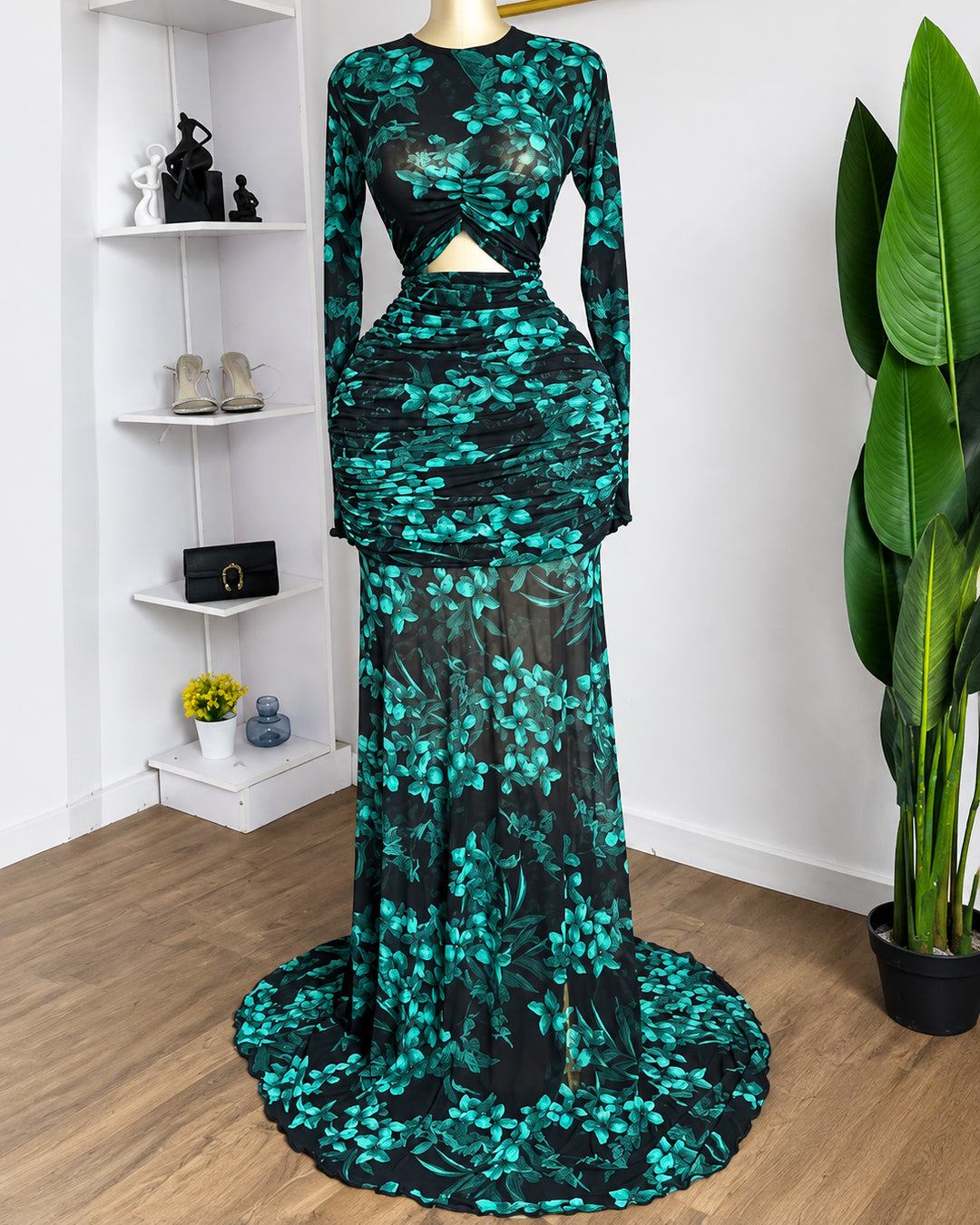High Quality Women Floral Print Long Sleeve Mesh Maxi Dress