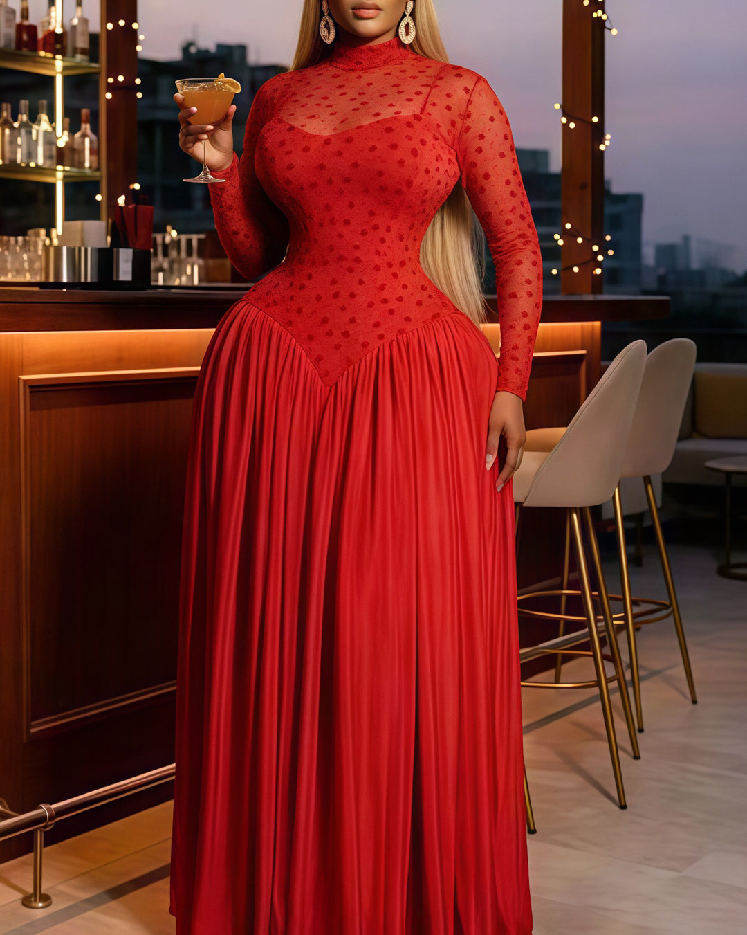 Women  Long Sleeve High Neck Fitted Bodice Pleated Flared Floor Length Formal Dress