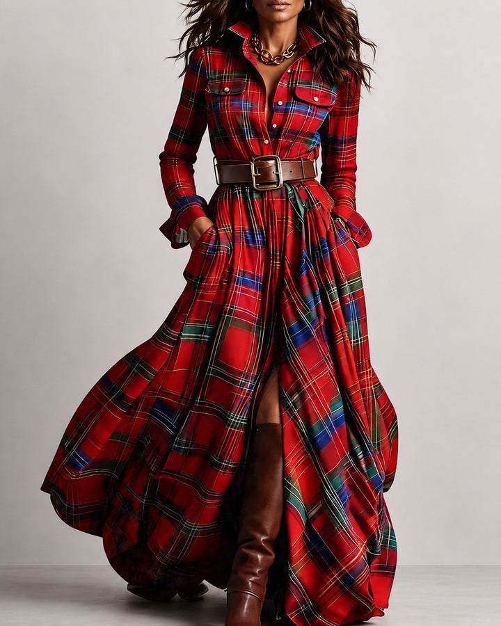 Classic Plaid Button Down Collared Long Sleeve Swing Dress