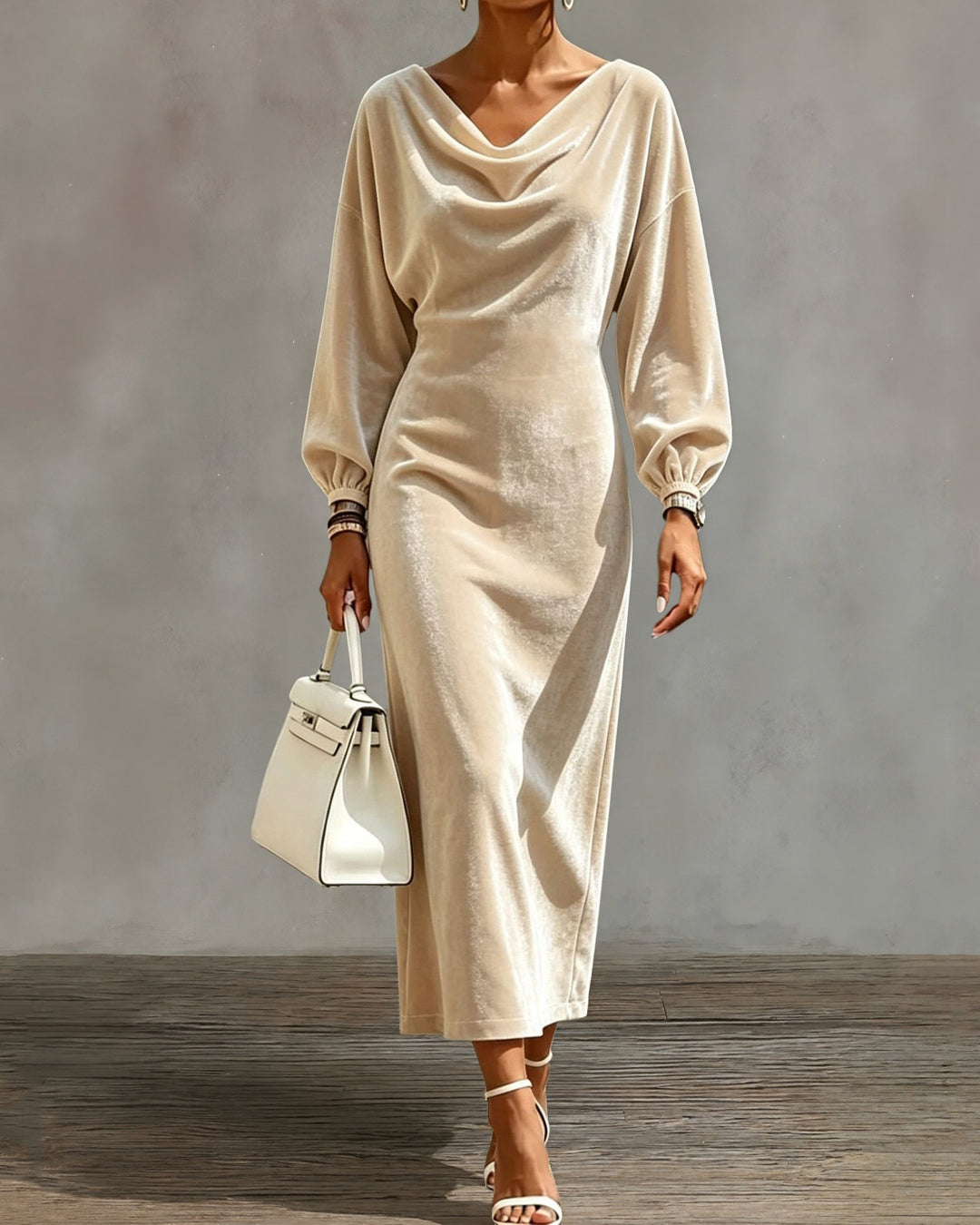 Cowl Neck Batwing Long Sleeve Velvet Midi Dress