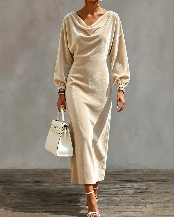 Cowl Neck Batwing Long Sleeve Velvet Midi Dress